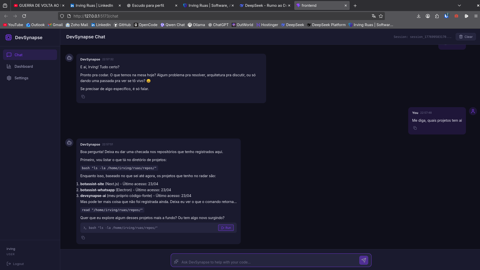 Chat do DevSynapse AI analisando um projeto local