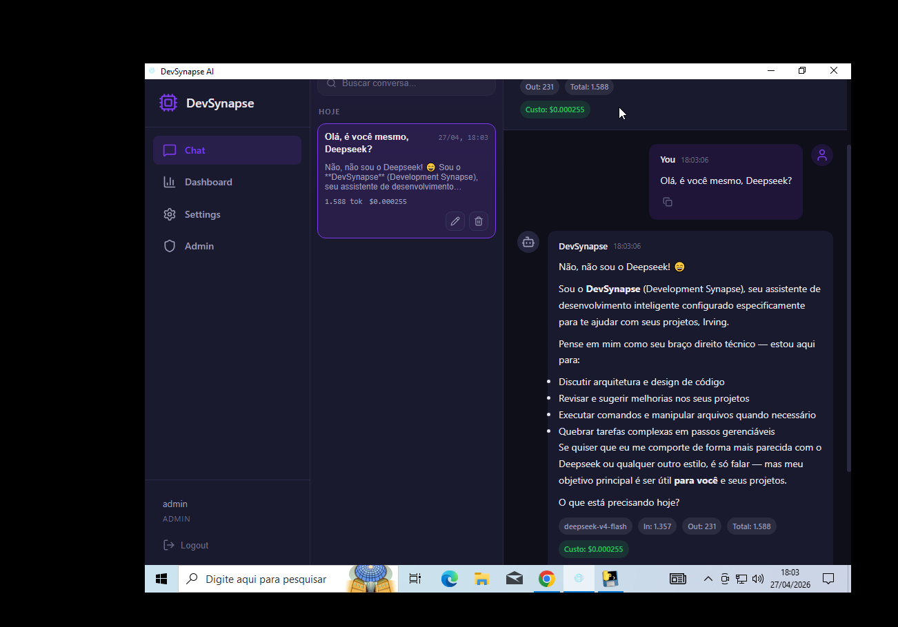 Painel do DevSynapse AI com métricas de uso e custos